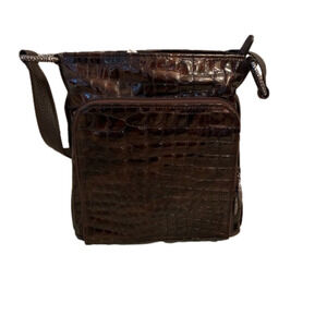 Brighton Sonny Patent Leather Shoulder Bag – Brown Embossed Croco – Medium Strap